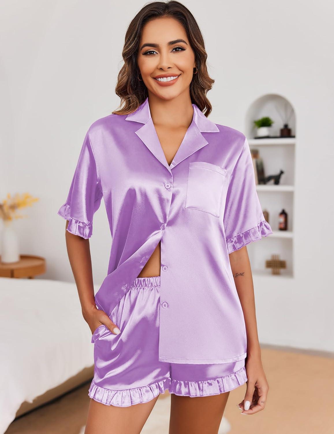 imageEkouaer Satin Pajama Set for Women Button Down Silk 2 Piece Pj Sets Ruffle Short Sleeve SleepwearLilac