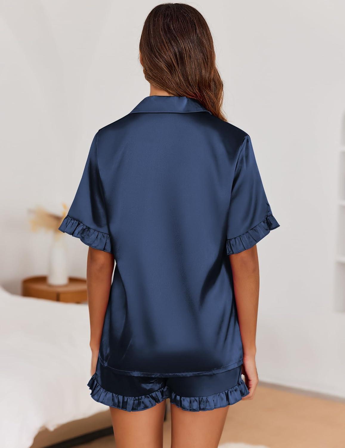 imageEkouaer Satin Pajama Set for Women Button Down Silk 2 Piece Pj Sets Ruffle Short Sleeve SleepwearNavy Blue