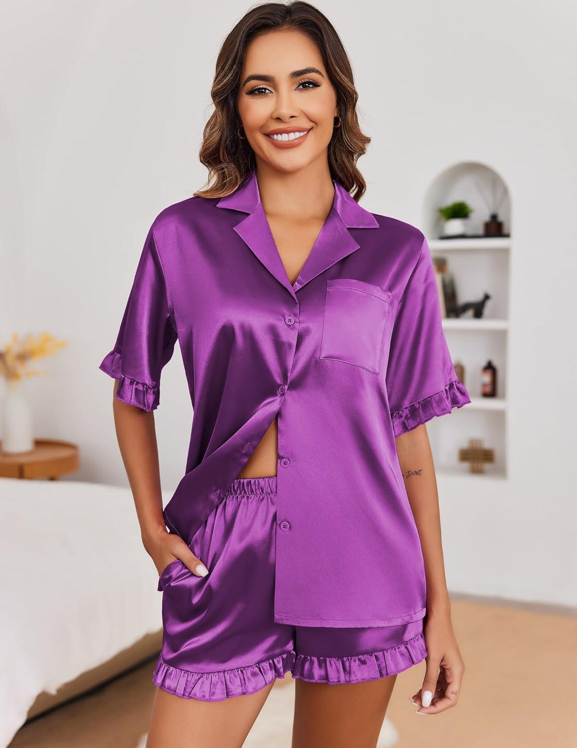 imageEkouaer Satin Pajama Set for Women Button Down Silk 2 Piece Pj Sets Ruffle Short Sleeve SleepwearPurple
