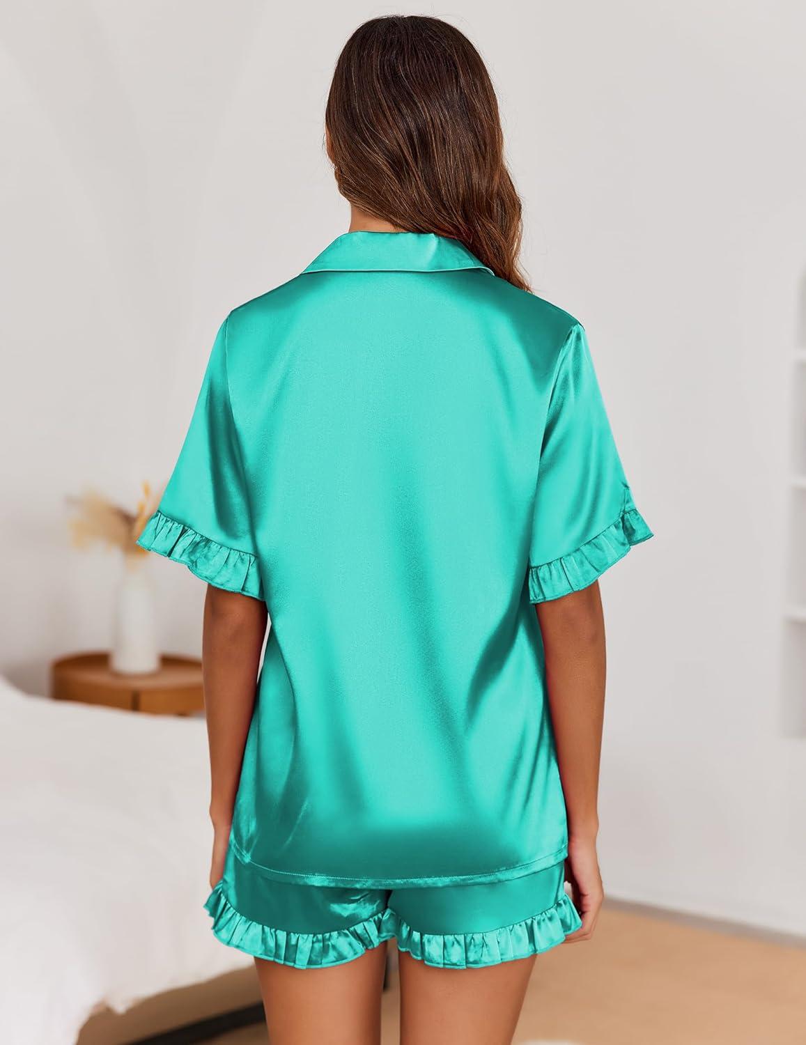 imageEkouaer Satin Pajama Set for Women Button Down Silk 2 Piece Pj Sets Ruffle Short Sleeve SleepwearTurquoise