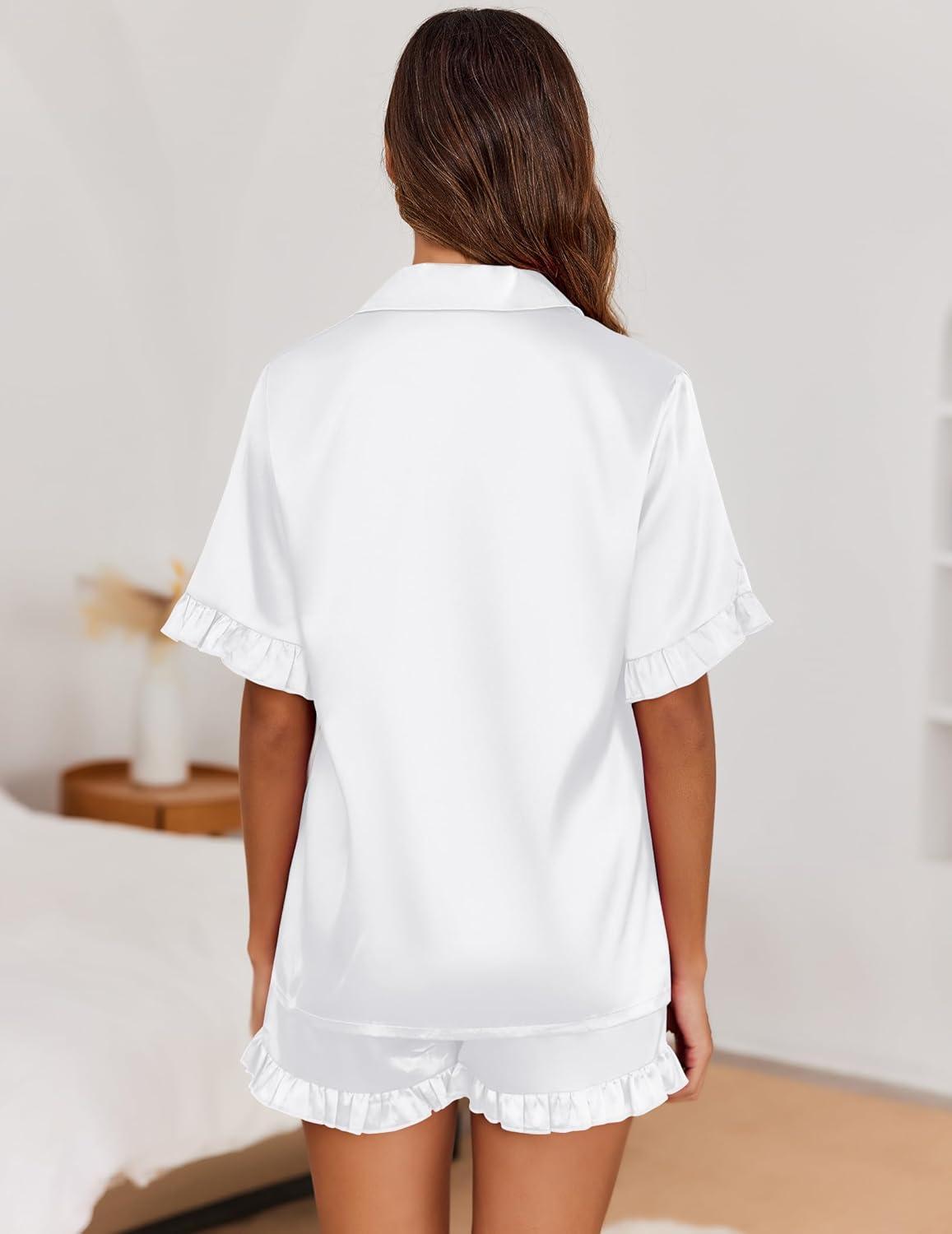imageEkouaer Satin Pajama Set for Women Button Down Silk 2 Piece Pj Sets Ruffle Short Sleeve SleepwearWhite