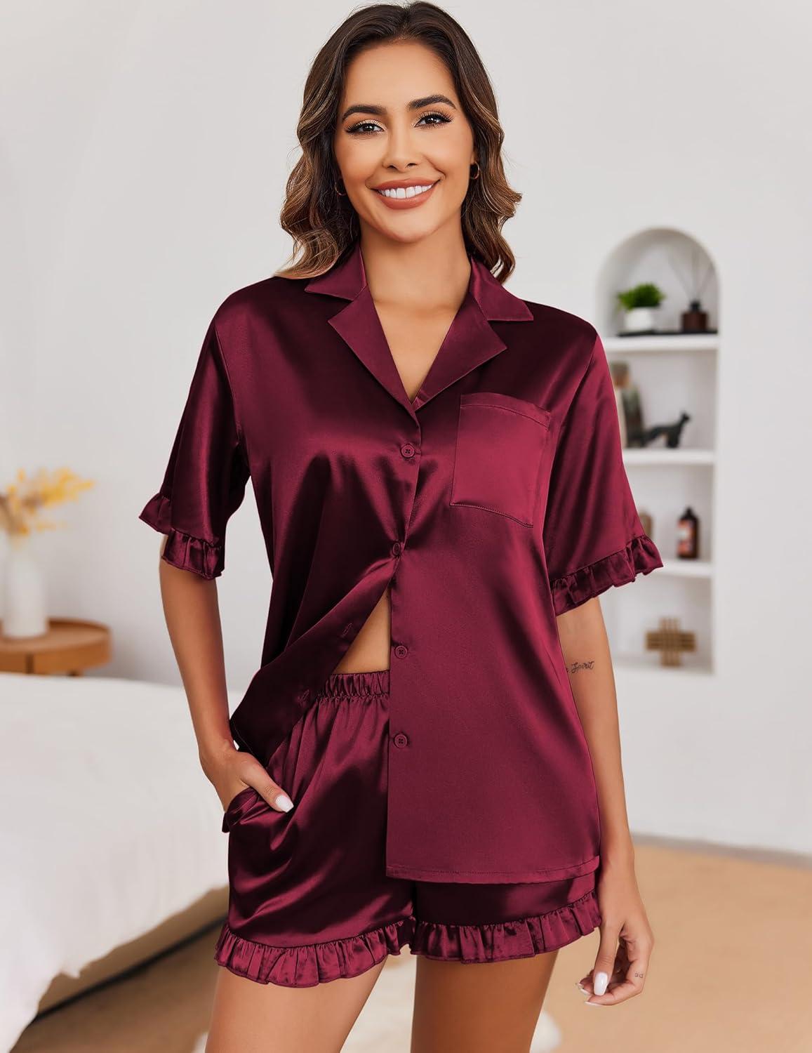 imageEkouaer Satin Pajama Set for Women Button Down Silk 2 Piece Pj Sets Ruffle Short Sleeve SleepwearWine Red