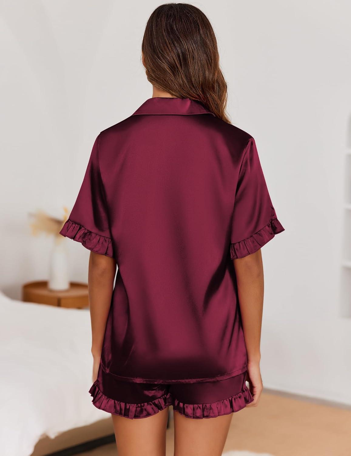 imageEkouaer Satin Pajama Set for Women Button Down Silk 2 Piece Pj Sets Ruffle Short Sleeve SleepwearWine Red