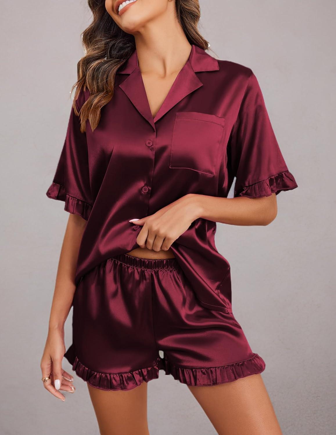 imageEkouaer Satin Pajama Set for Women Button Down Silk 2 Piece Pj Sets Ruffle Short Sleeve SleepwearWine Red