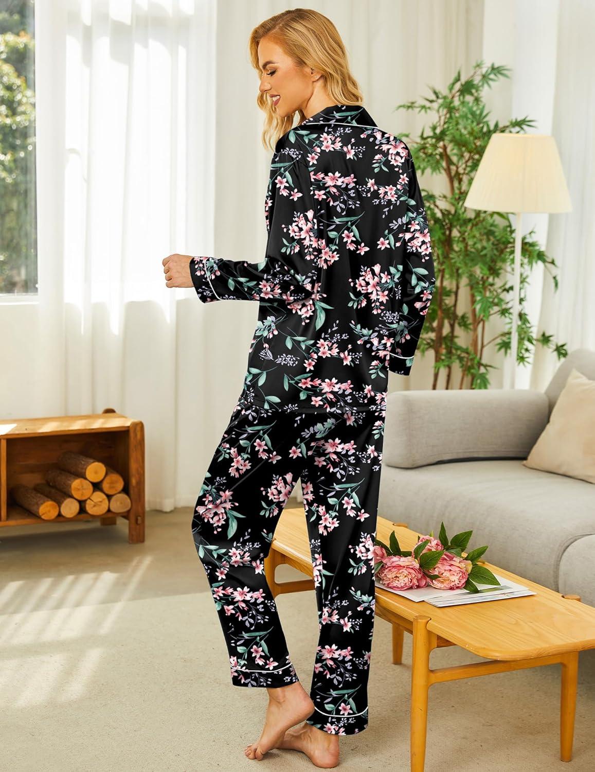 imageEkouaer Silk Pajamas for Women Button Down Satin Pj Set Soft Long Sleeve 2 Piece Sleepwear Loungewear SXXLBlack With Pink Flowers