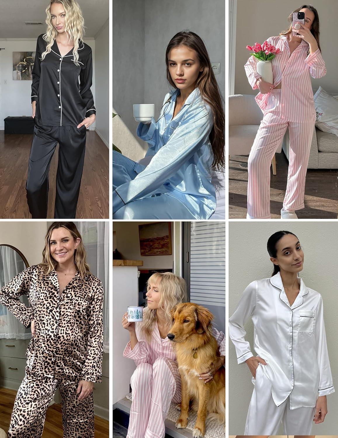imageEkouaer Silk Pajamas for Women Button Down Satin Pj Set Soft Long Sleeve 2 Piece Sleepwear Loungewear SXXLBlack With Pink Hearts