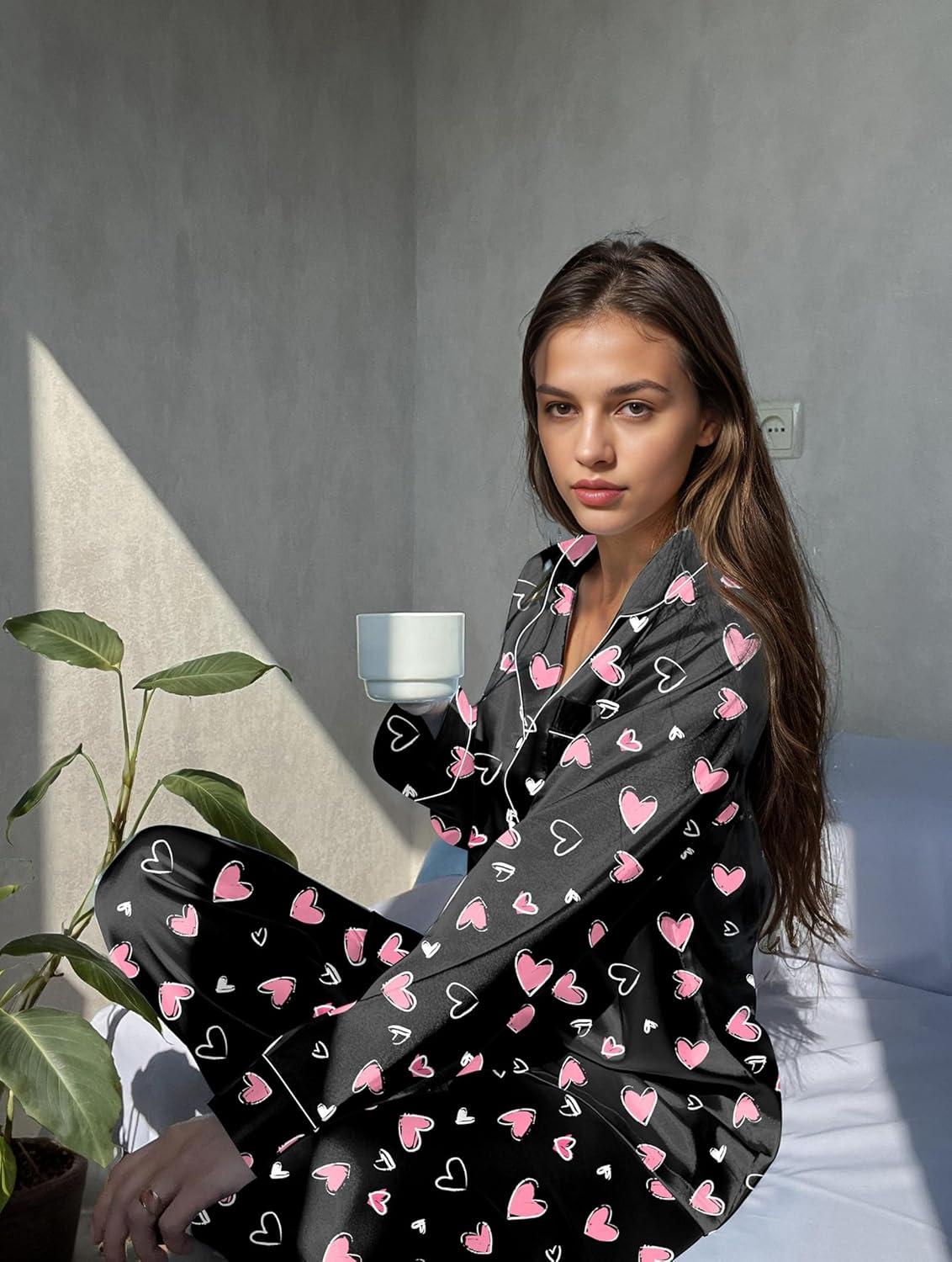 imageEkouaer Silk Pajamas for Women Button Down Satin Pj Set Soft Long Sleeve 2 Piece Sleepwear Loungewear SXXLBlack With Pink Hearts