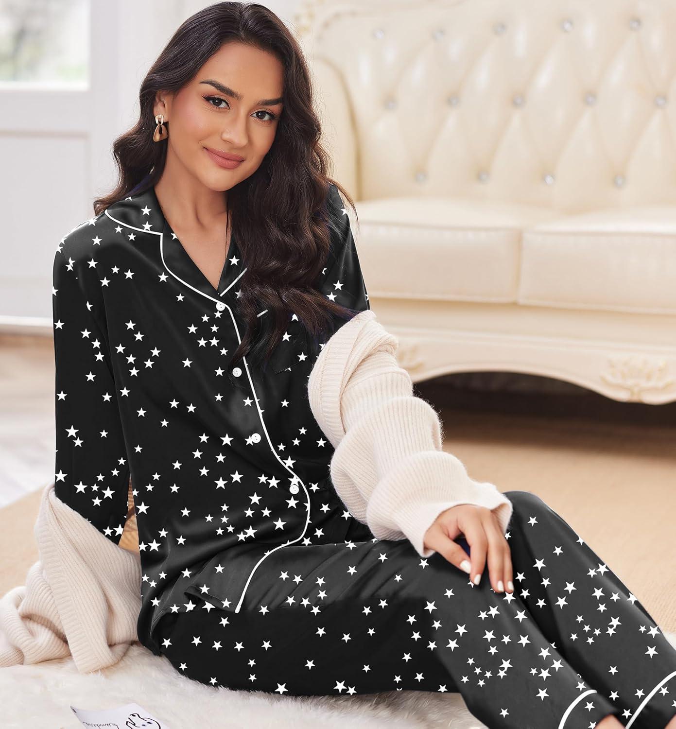 imageEkouaer Silk Pajamas for Women Button Down Satin Pj Set Soft Long Sleeve 2 Piece Sleepwear Loungewear SXXLBlack With White Star