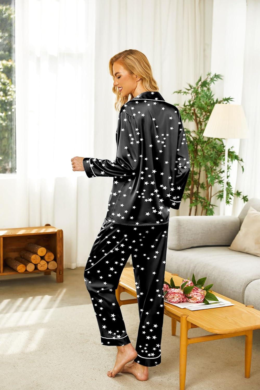 imageEkouaer Silk Pajamas for Women Button Down Satin Pj Set Soft Long Sleeve 2 Piece Sleepwear Loungewear SXXLBlack With White Star