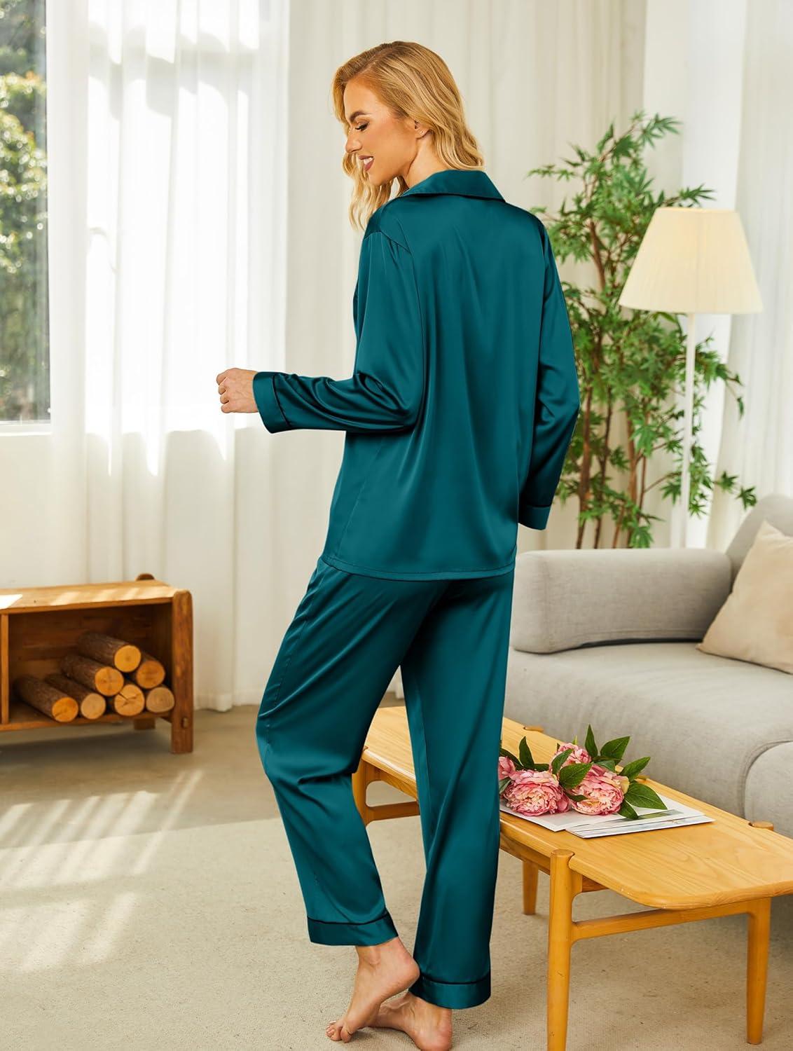 imageEkouaer Silk Pajamas for Women Button Down Satin Pj Set Soft Long Sleeve 2 Piece Sleepwear Loungewear SXXLBlue Green