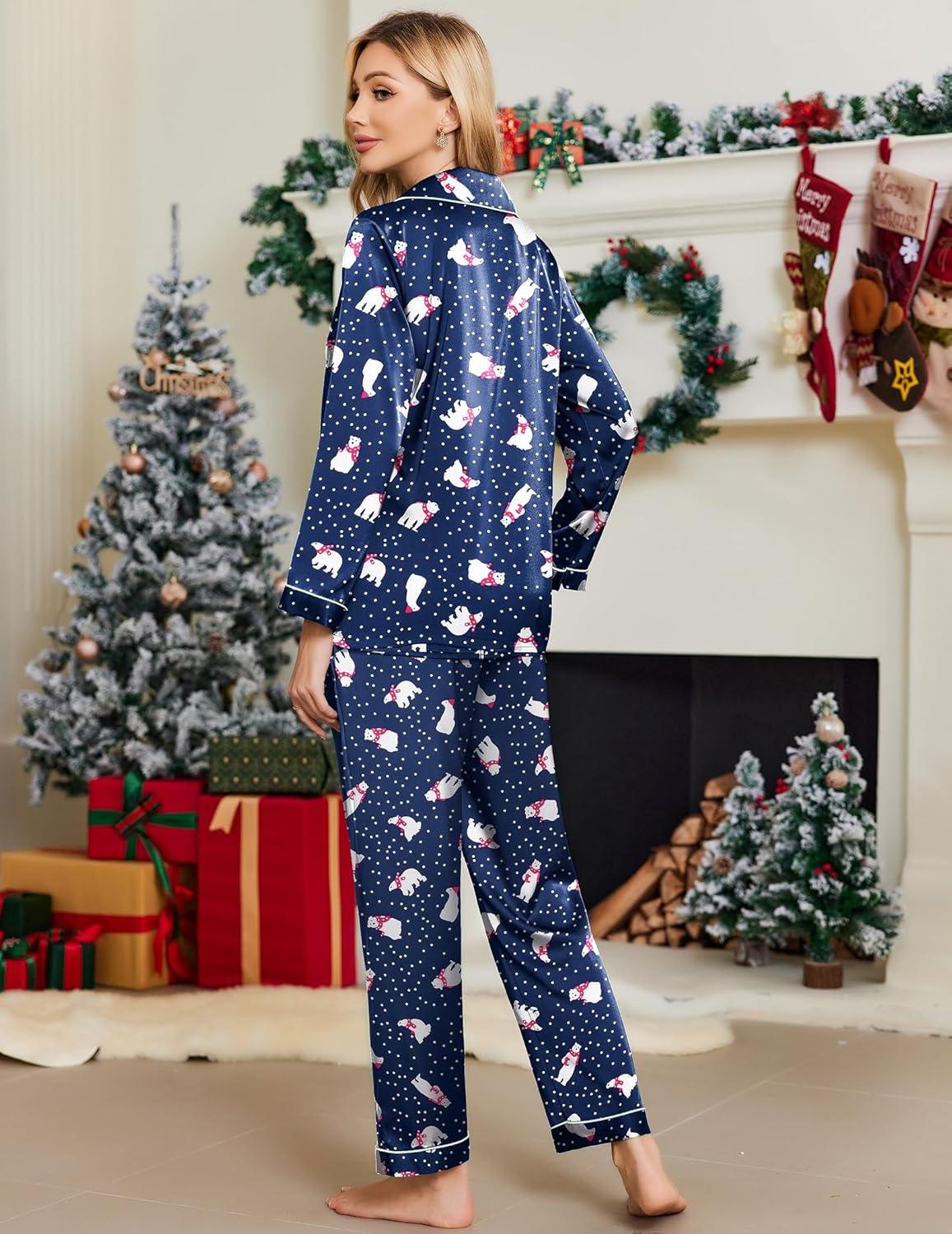 imageEkouaer Silk Pajamas for Women Button Down Satin Pj Set Soft Long Sleeve 2 Piece Sleepwear Loungewear SXXLBlue With Polar Bear