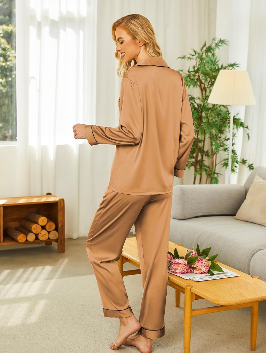 imageEkouaer Silk Pajamas for Women Button Down Satin Pj Set Soft Long Sleeve 2 Piece Sleepwear Loungewear SXXLChampagne Gold