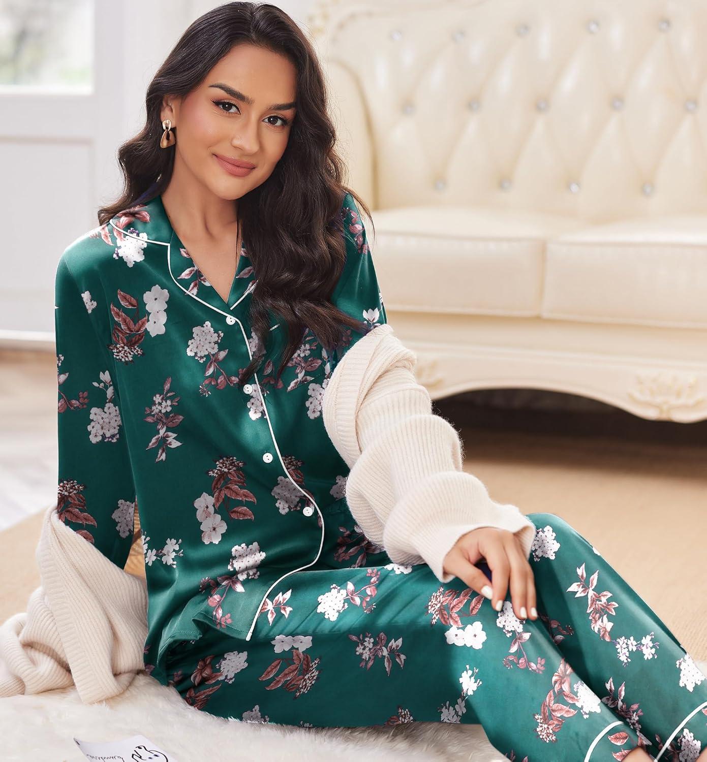 imageEkouaer Silk Pajamas for Women Button Down Satin Pj Set Soft Long Sleeve 2 Piece Sleepwear Loungewear SXXLGreen With White Floral