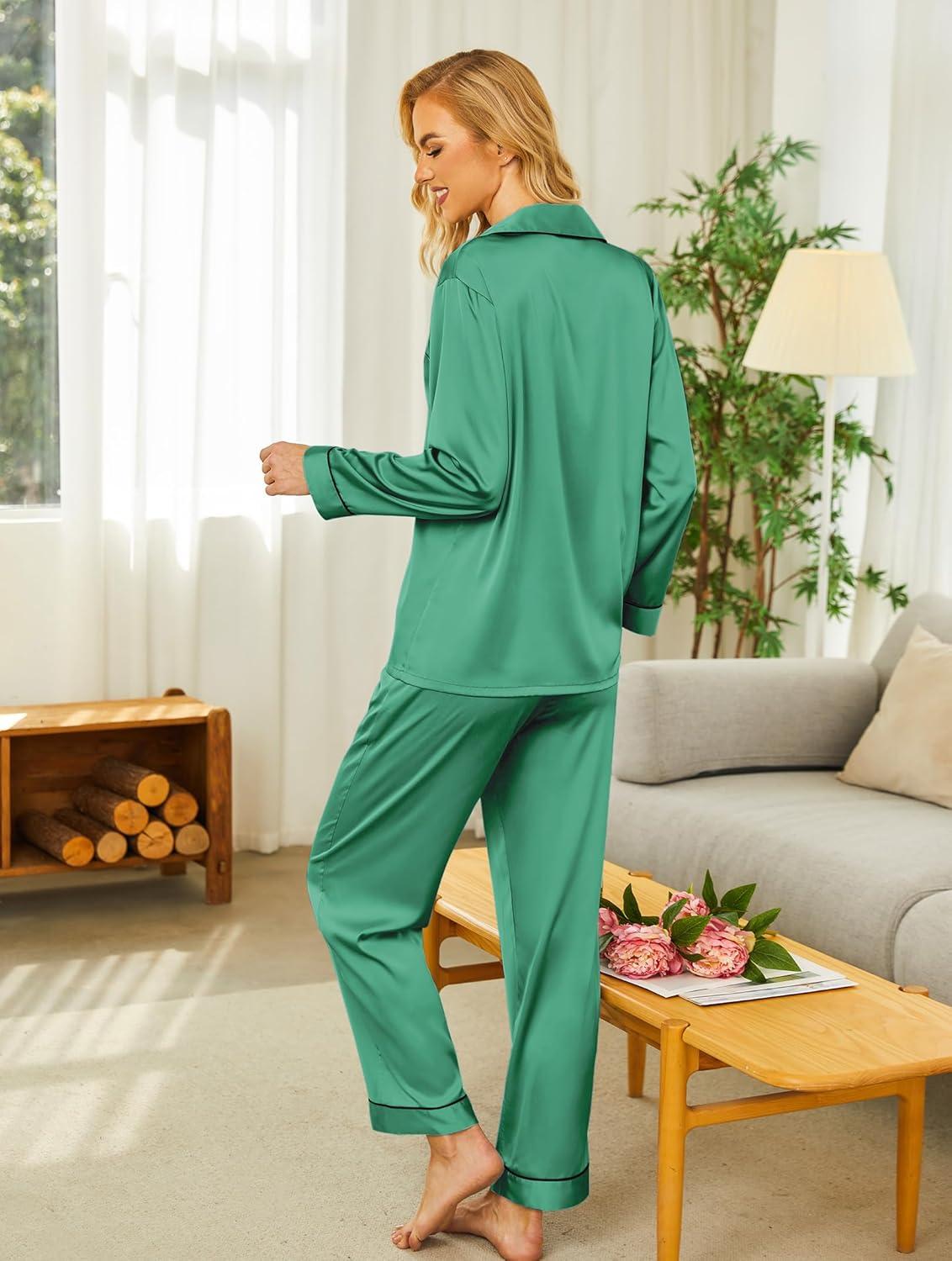 imageEkouaer Silk Pajamas for Women Button Down Satin Pj Set Soft Long Sleeve 2 Piece Sleepwear Loungewear SXXLLight Sea Green