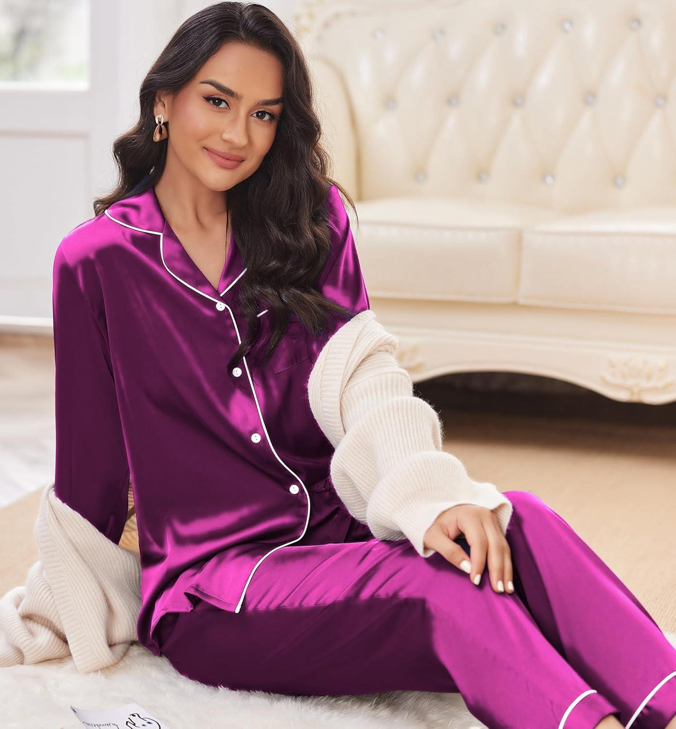 imageEkouaer Silk Pajamas for Women Button Down Satin Pj Set Soft Long Sleeve 2 Piece Sleepwear Loungewear SXXLPitaya Purple