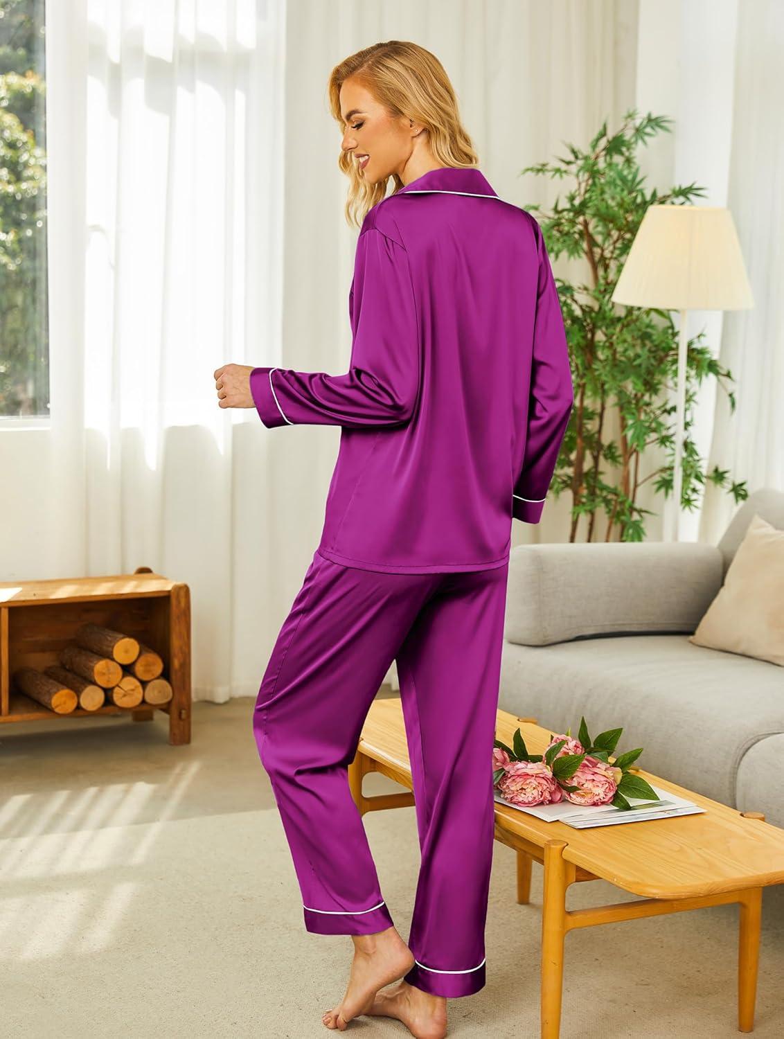 imageEkouaer Silk Pajamas for Women Button Down Satin Pj Set Soft Long Sleeve 2 Piece Sleepwear Loungewear SXXLPitaya Purple