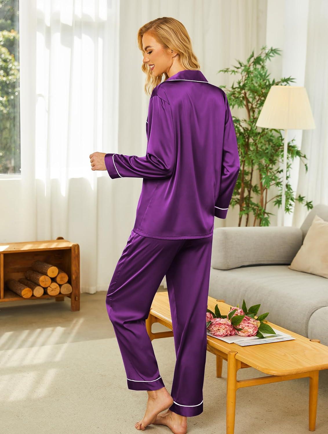 imageEkouaer Silk Pajamas for Women Button Down Satin Pj Set Soft Long Sleeve 2 Piece Sleepwear Loungewear SXXLPurple