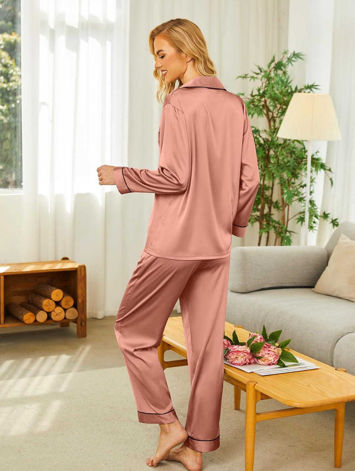 imageEkouaer Silk Pajamas for Women Button Down Satin Pj Set Soft Long Sleeve 2 Piece Sleepwear Loungewear SXXLRose Golden
