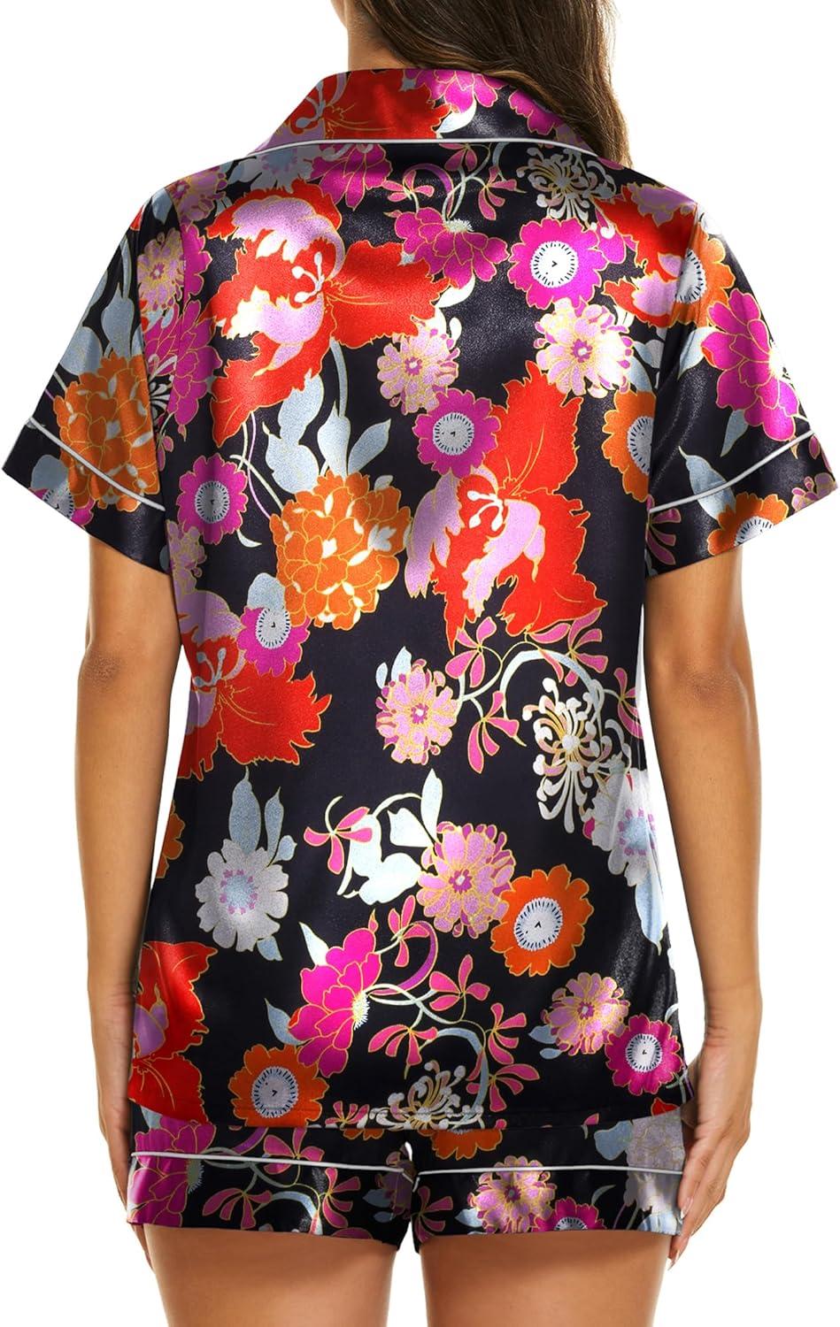 imageEkouaer Silk Pajamas for Women Short Sleeve Sleepwear Soft Button Down Loungewear 2 Piece Satin Pjs Shorts SetFloral Black
