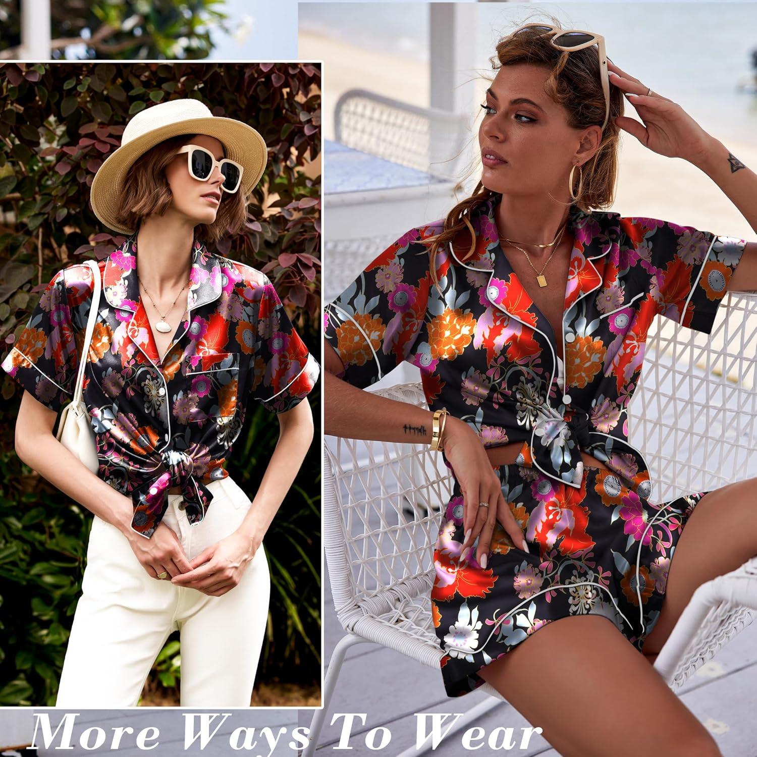 imageEkouaer Silk Pajamas for Women Short Sleeve Sleepwear Soft Button Down Loungewear 2 Piece Satin Pjs Shorts SetFloral Black