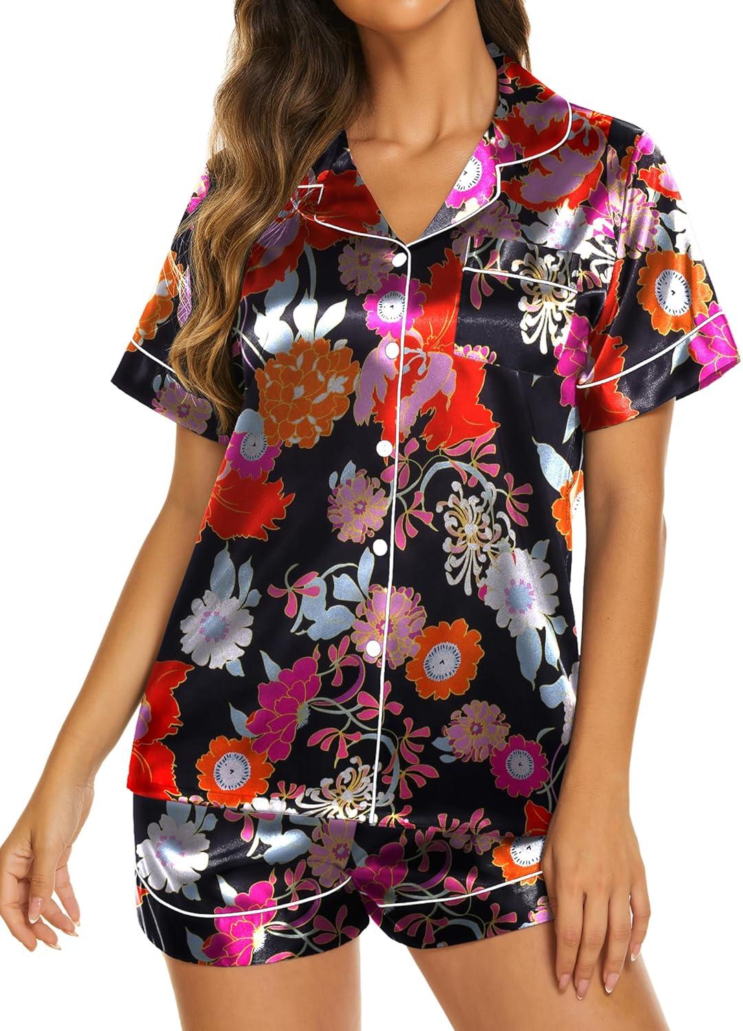 imageEkouaer Silk Pajamas for Women Short Sleeve Sleepwear Soft Button Down Loungewear 2 Piece Satin Pjs Shorts SetFloral Black