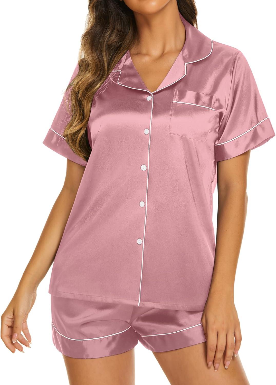 imageEkouaer Silk Pajamas for Women Short Sleeve Sleepwear Soft Button Down Loungewear 2 Piece Satin Pjs Shorts SetGrey Purple