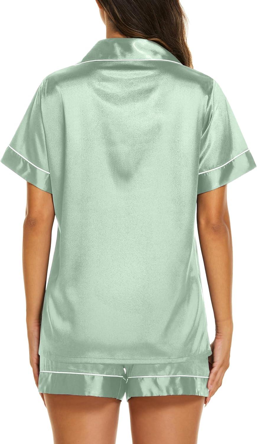 imageEkouaer Silk Pajamas for Women Short Sleeve Sleepwear Soft Button Down Loungewear 2 Piece Satin Pjs Shorts SetIce Green