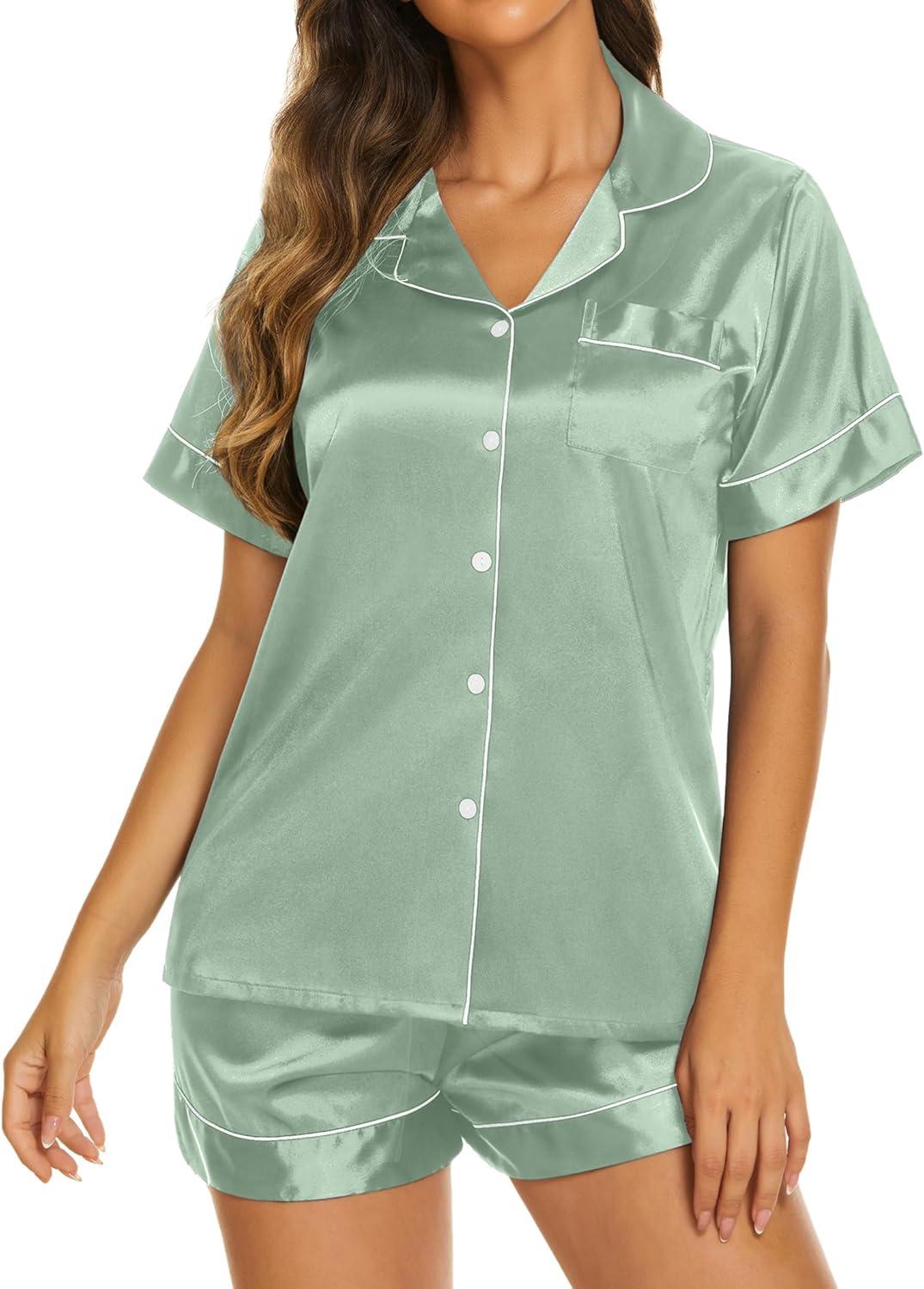 imageEkouaer Silk Pajamas for Women Short Sleeve Sleepwear Soft Button Down Loungewear 2 Piece Satin Pjs Shorts SetIce Green