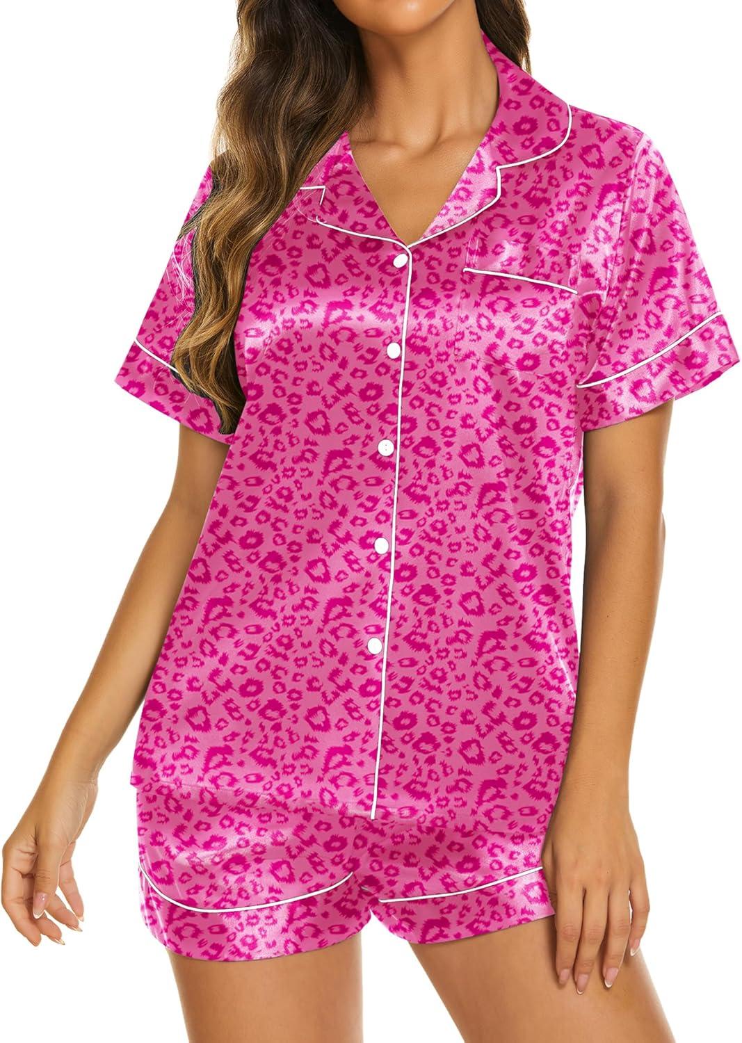 imageEkouaer Silk Pajamas for Women Short Sleeve Sleepwear Soft Button Down Loungewear 2 Piece Satin Pjs Shorts SetLeopard Rose