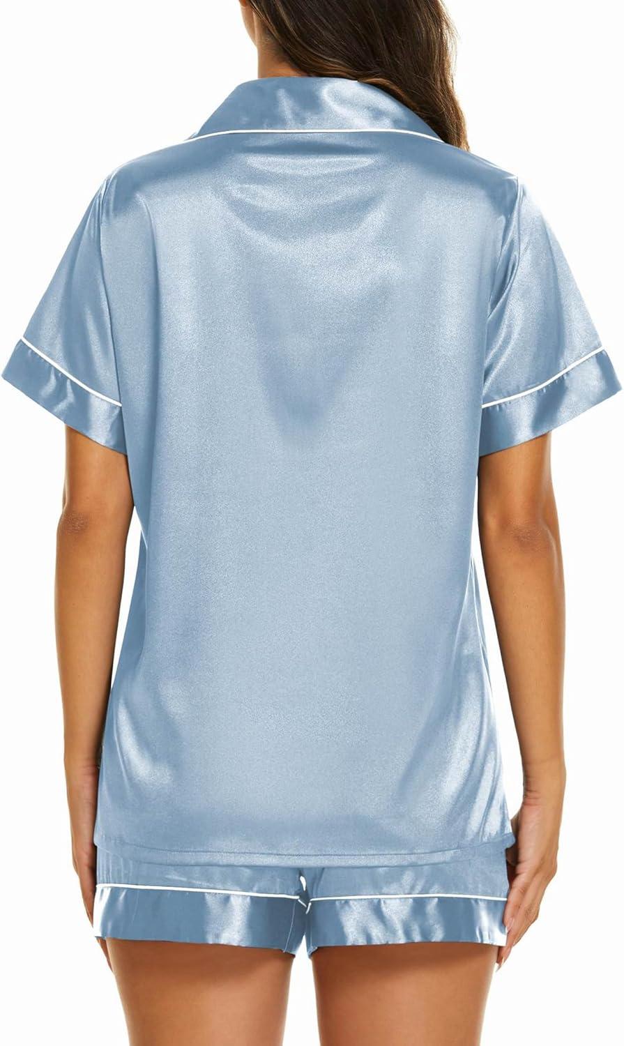 imageEkouaer Silk Pajamas for Women Short Sleeve Sleepwear Soft Button Down Loungewear 2 Piece Satin Pjs Shorts SetLight Blue