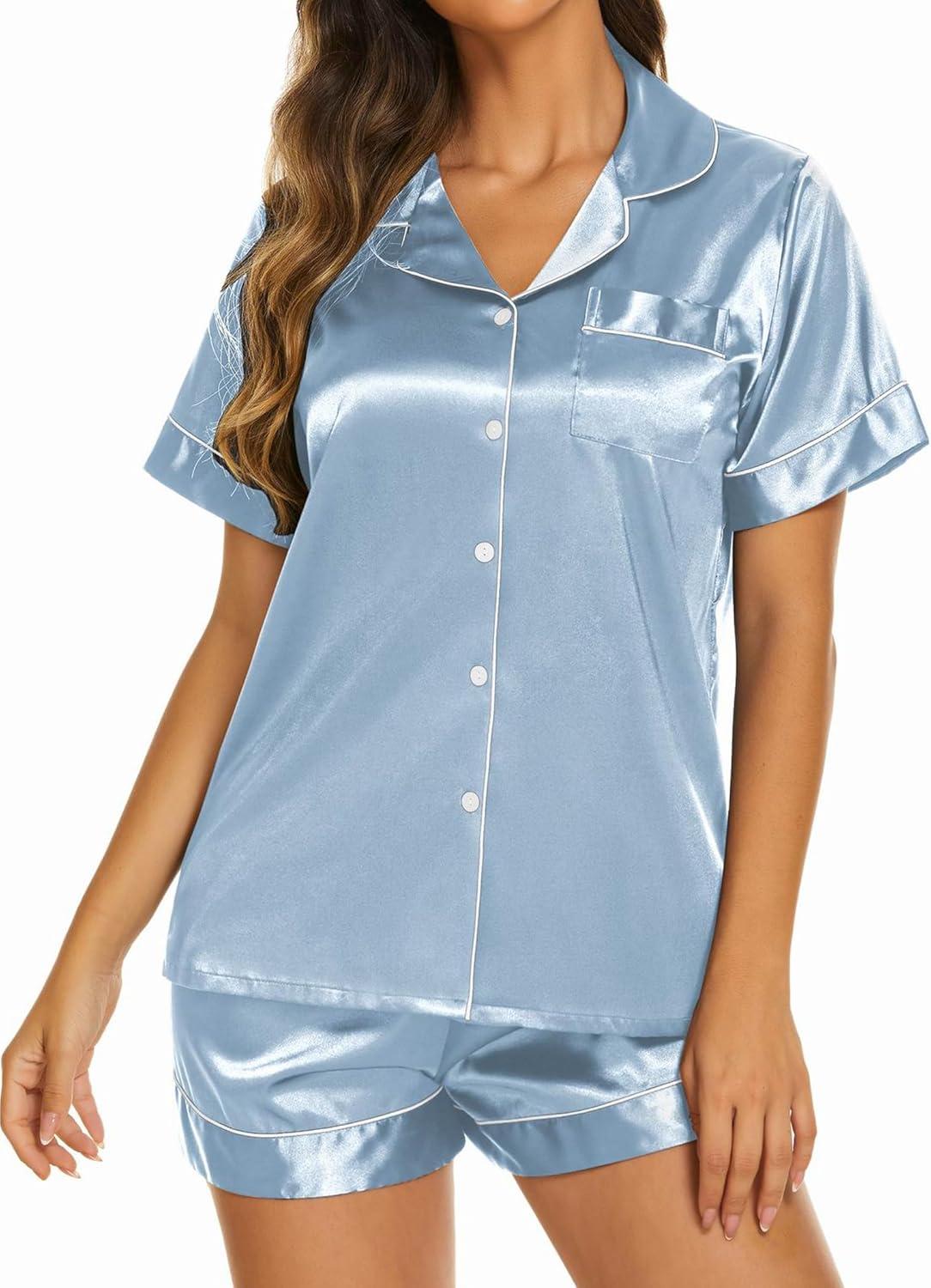 imageEkouaer Silk Pajamas for Women Short Sleeve Sleepwear Soft Button Down Loungewear 2 Piece Satin Pjs Shorts SetLight Blue