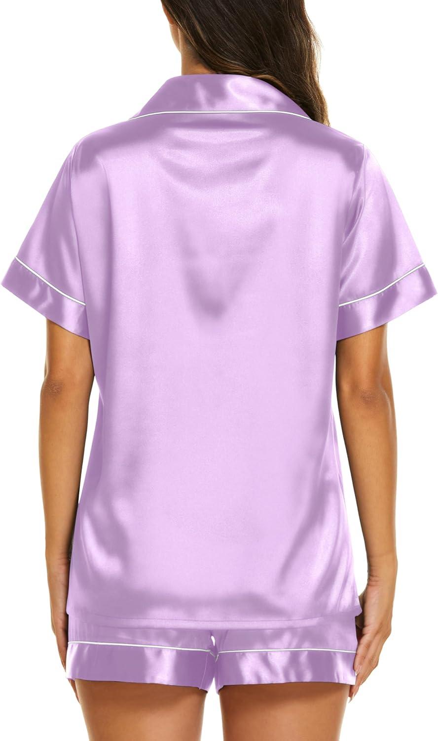 imageEkouaer Silk Pajamas for Women Short Sleeve Sleepwear Soft Button Down Loungewear 2 Piece Satin Pjs Shorts SetLilac