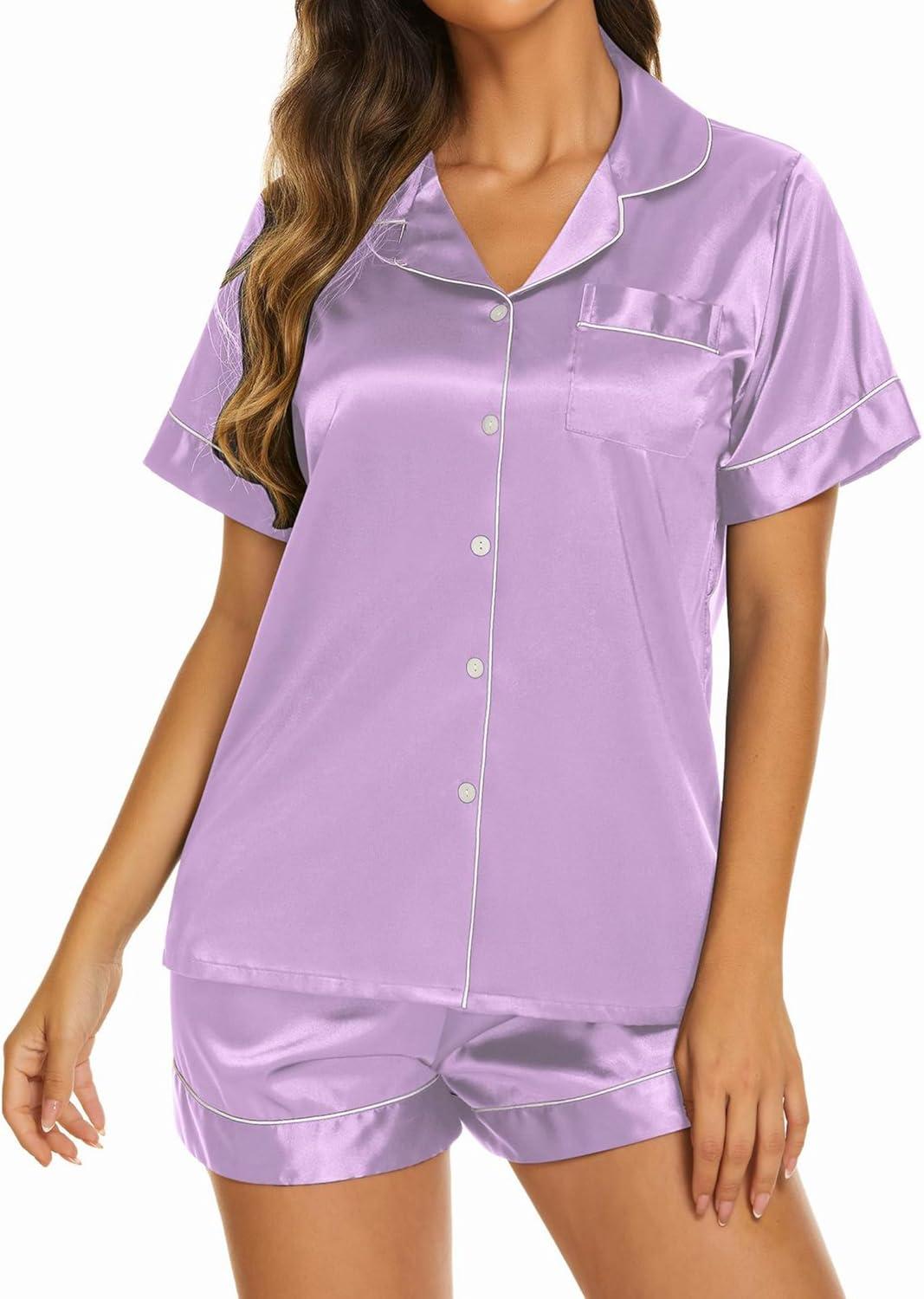 imageEkouaer Silk Pajamas for Women Short Sleeve Sleepwear Soft Button Down Loungewear 2 Piece Satin Pjs Shorts SetLilac