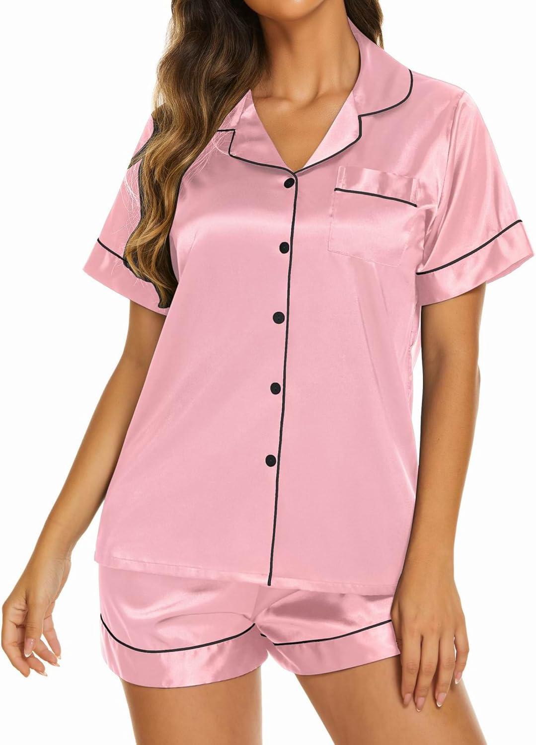 imageEkouaer Silk Pajamas for Women Short Sleeve Sleepwear Soft Button Down Loungewear 2 Piece Satin Pjs Shorts SetPink