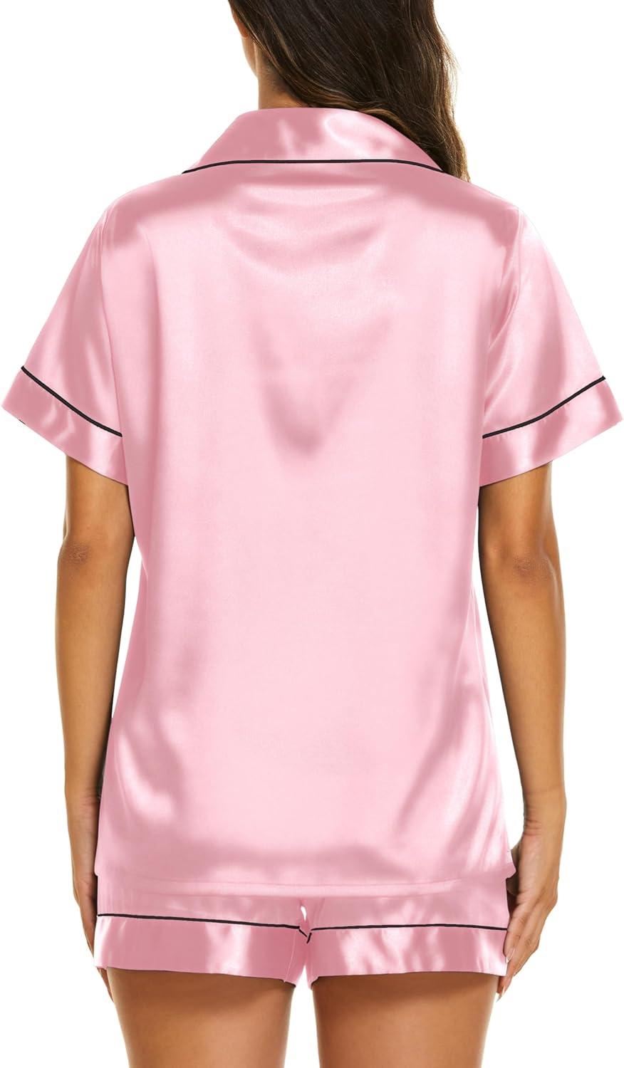 imageEkouaer Silk Pajamas for Women Short Sleeve Sleepwear Soft Button Down Loungewear 2 Piece Satin Pjs Shorts SetPink