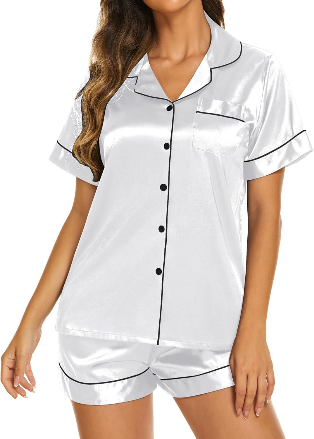 imageEkouaer Silk Pajamas for Women Short Sleeve Sleepwear Soft Button Down Loungewear 2 Piece Satin Pjs Shorts SetWhite