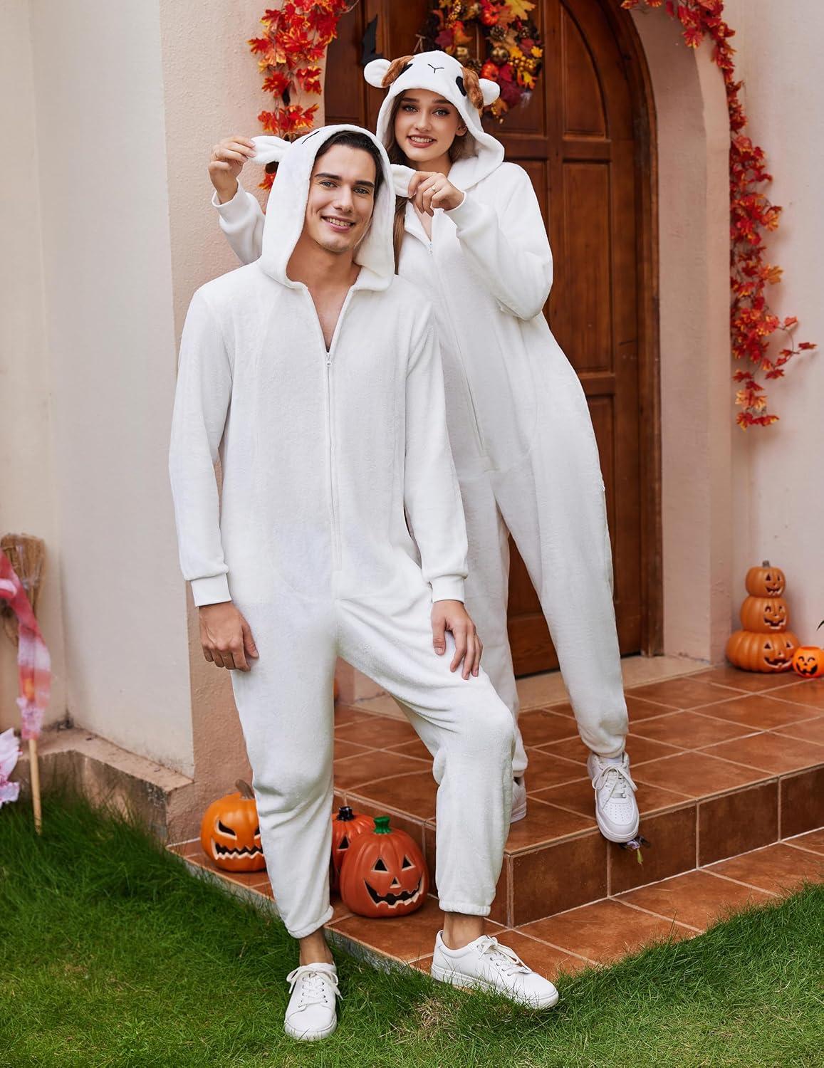 imageEkouaer Unisex Adult Animal Onesie One Piece Fleece Pajamas Halloween Costume Sleepwear HomewearGoat