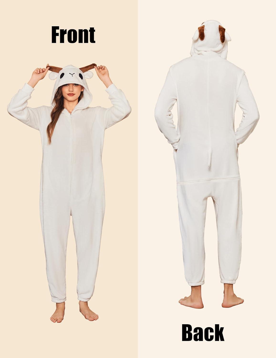 imageEkouaer Unisex Adult Animal Onesie One Piece Fleece Pajamas Halloween Costume Sleepwear HomewearGoat