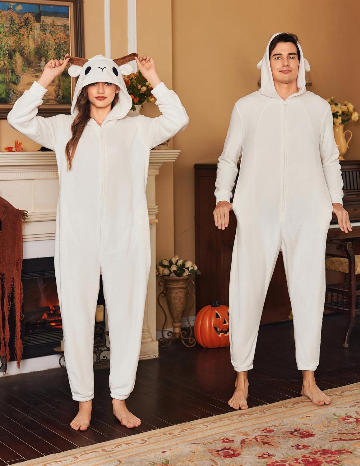 imageEkouaer Unisex Adult Animal Onesie One Piece Fleece Pajamas Halloween Costume Sleepwear HomewearGoat