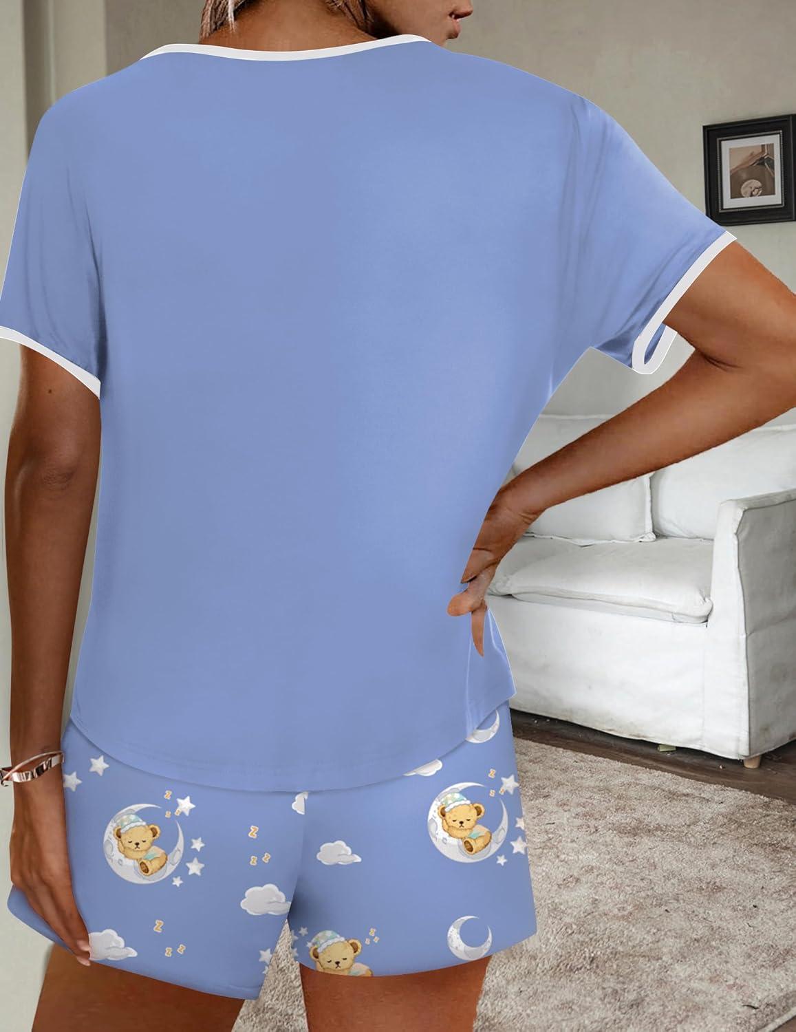 imageEkouaer Women Pajama Set Casual Short SetBluemoon Teddy Bear