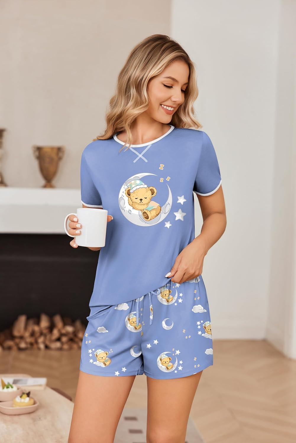 imageEkouaer Women Pajama Set Casual Short SetBluemoon Teddy Bear