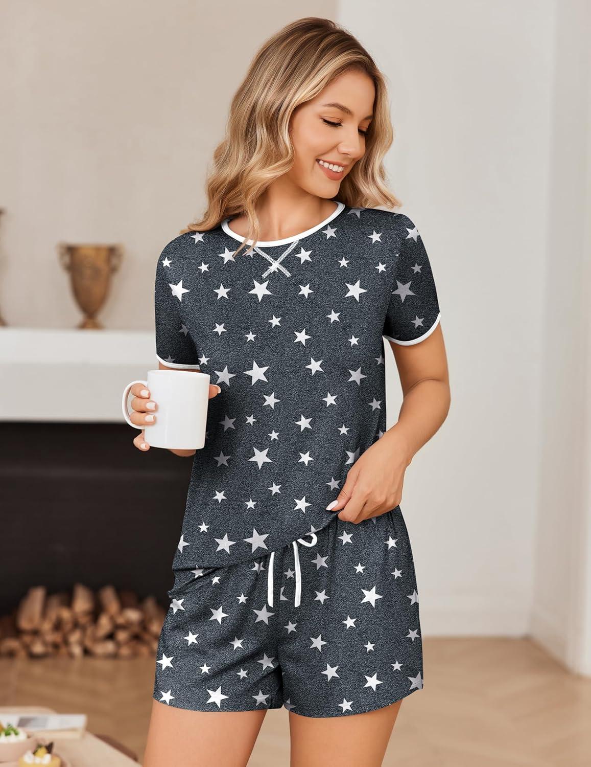 imageEkouaer Women Pajama Set Casual Short SetGrey Stars