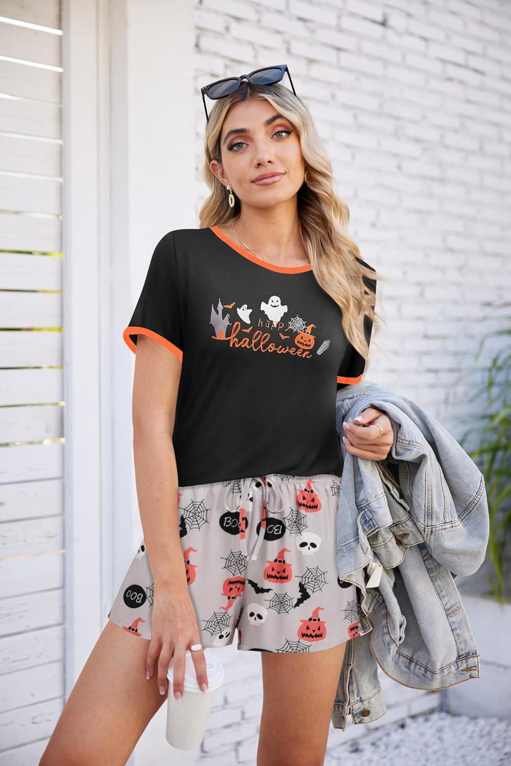 imageEkouaer Women Pajama Set Casual Short SetHelloween Print