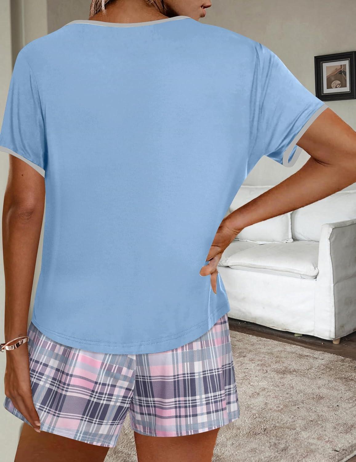 imageEkouaer Women Pajama Set Casual Short SetLight Blue and White Plaid