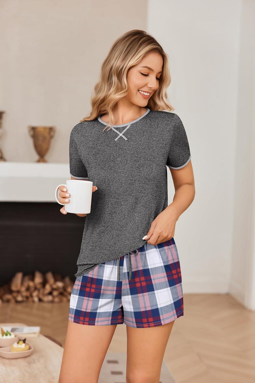imageEkouaer Women Pajama Set Casual Short SetNavy Blue Black Red Plaid
