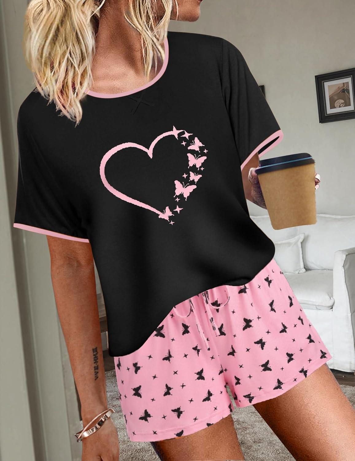 imageEkouaer Women Pajama Set Casual Short SetPink Butterfly