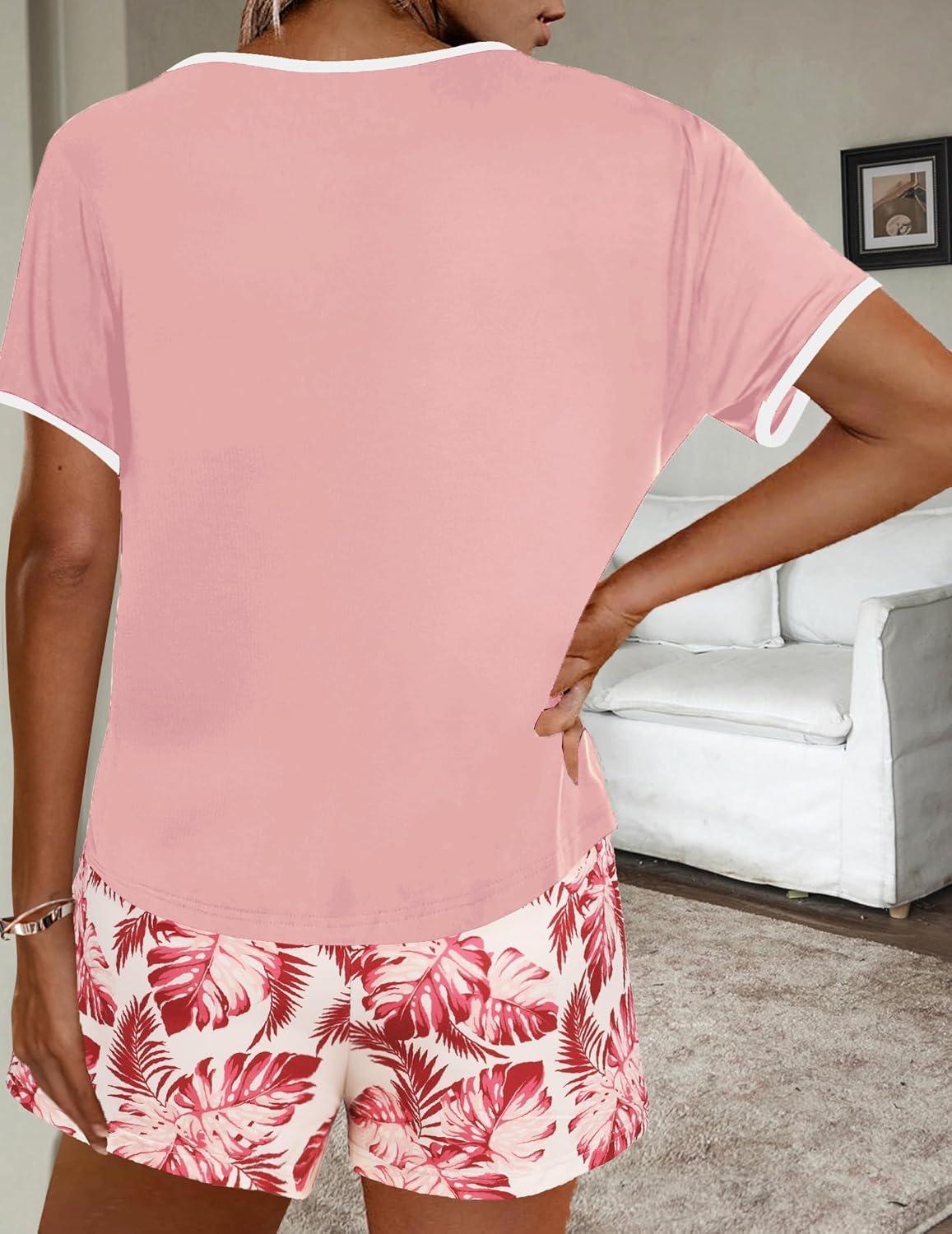 imageEkouaer Women Pajama Set Casual Short SetPink Floral