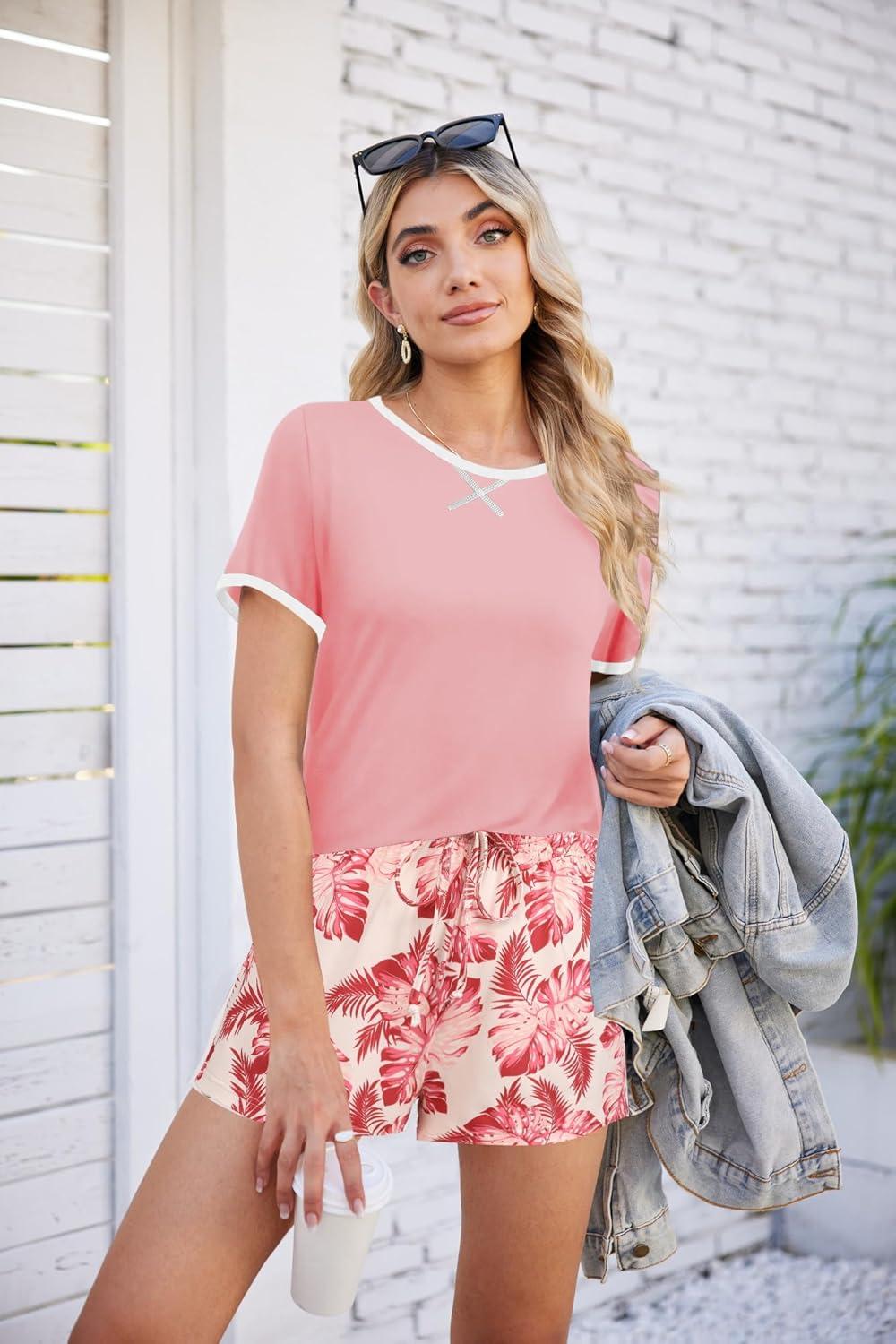 imageEkouaer Women Pajama Set Casual Short SetPink Floral