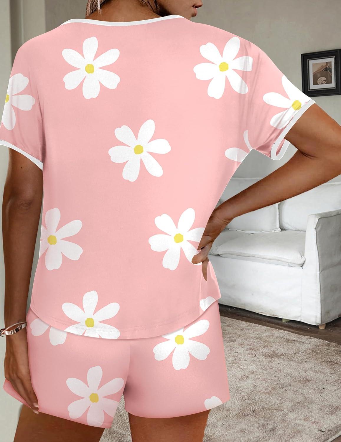 imageEkouaer Women Pajama Set Casual Short SetPink and White Flowers