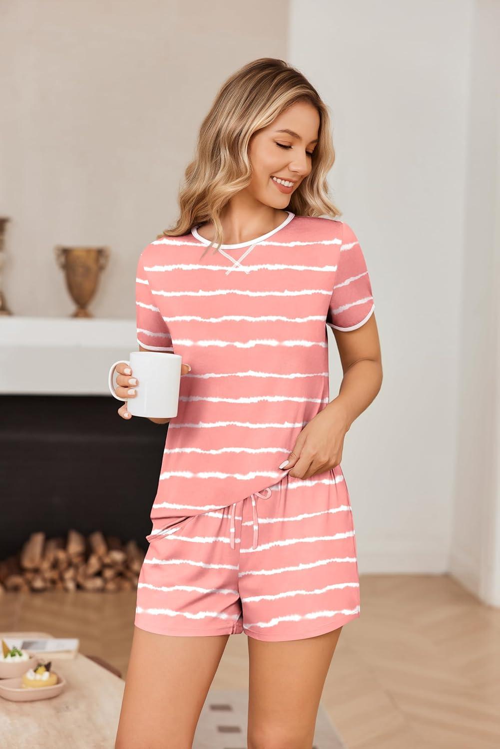 imageEkouaer Women Pajama Set Casual Short SetStripes Pink Wave